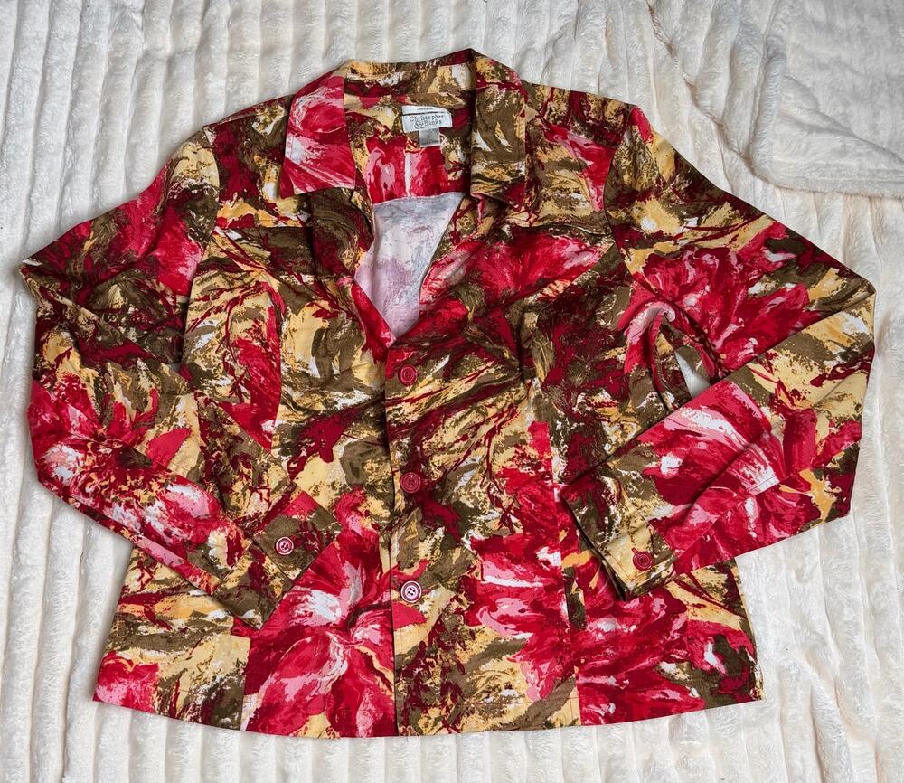 Floral Jacket Red Abstract Art to Wear Career Blazer Christopher & Banks L